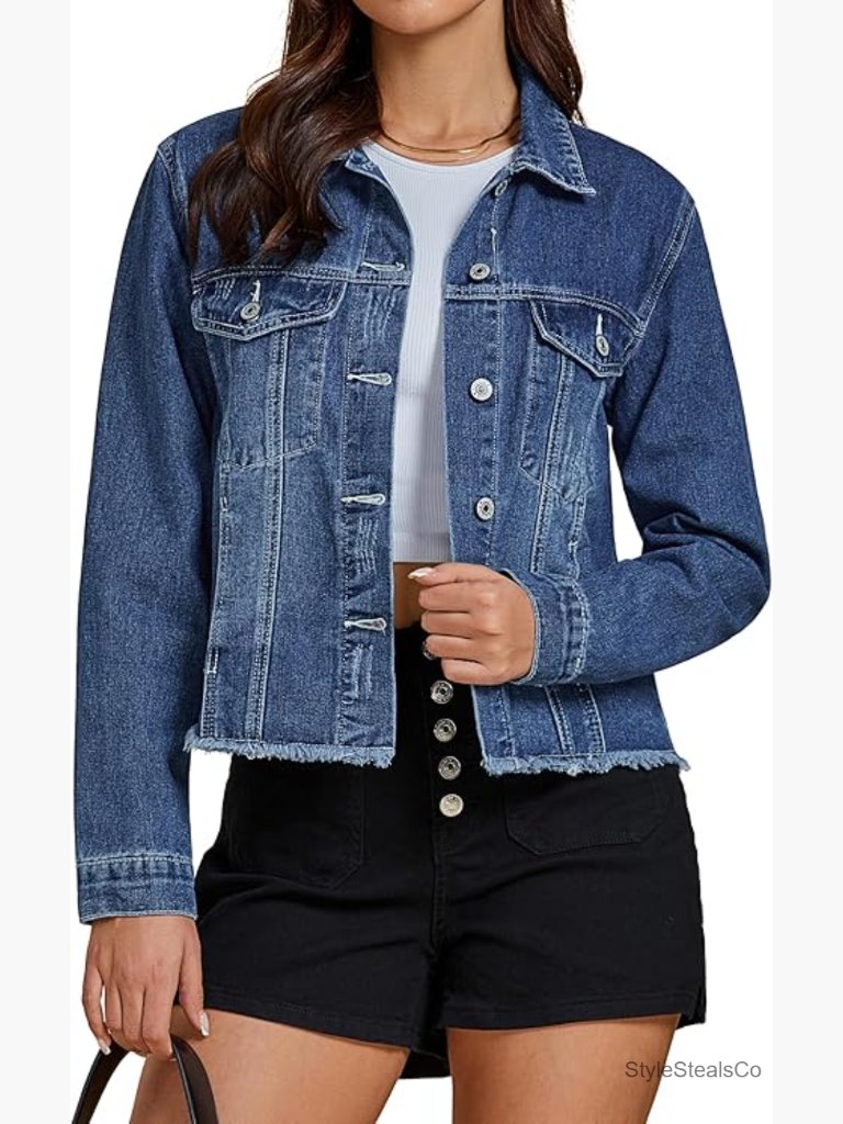 Distressed Denim Jacket Women's Vintage Western Trucker Frayed Hem